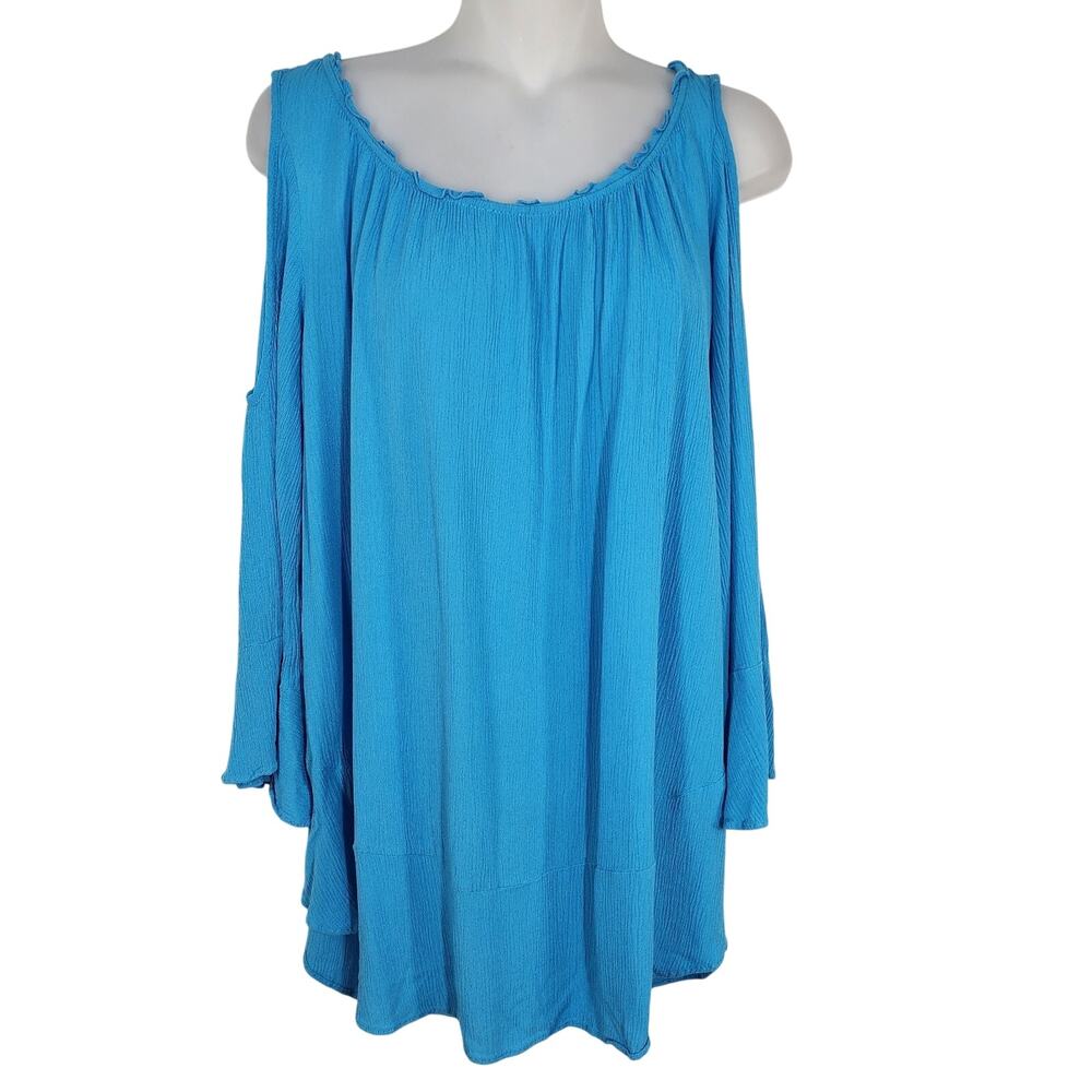 Chico's Top Womens Size 1 Medium Blue Pleated Cold Shoulder Bell Sleeve Pullover